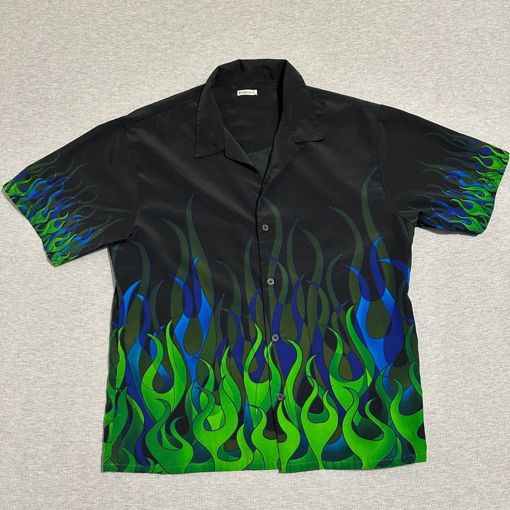 No Boundaries Mens Black Green Blue Flame AOP Button Up Shirt Y2K Skater Mens XL